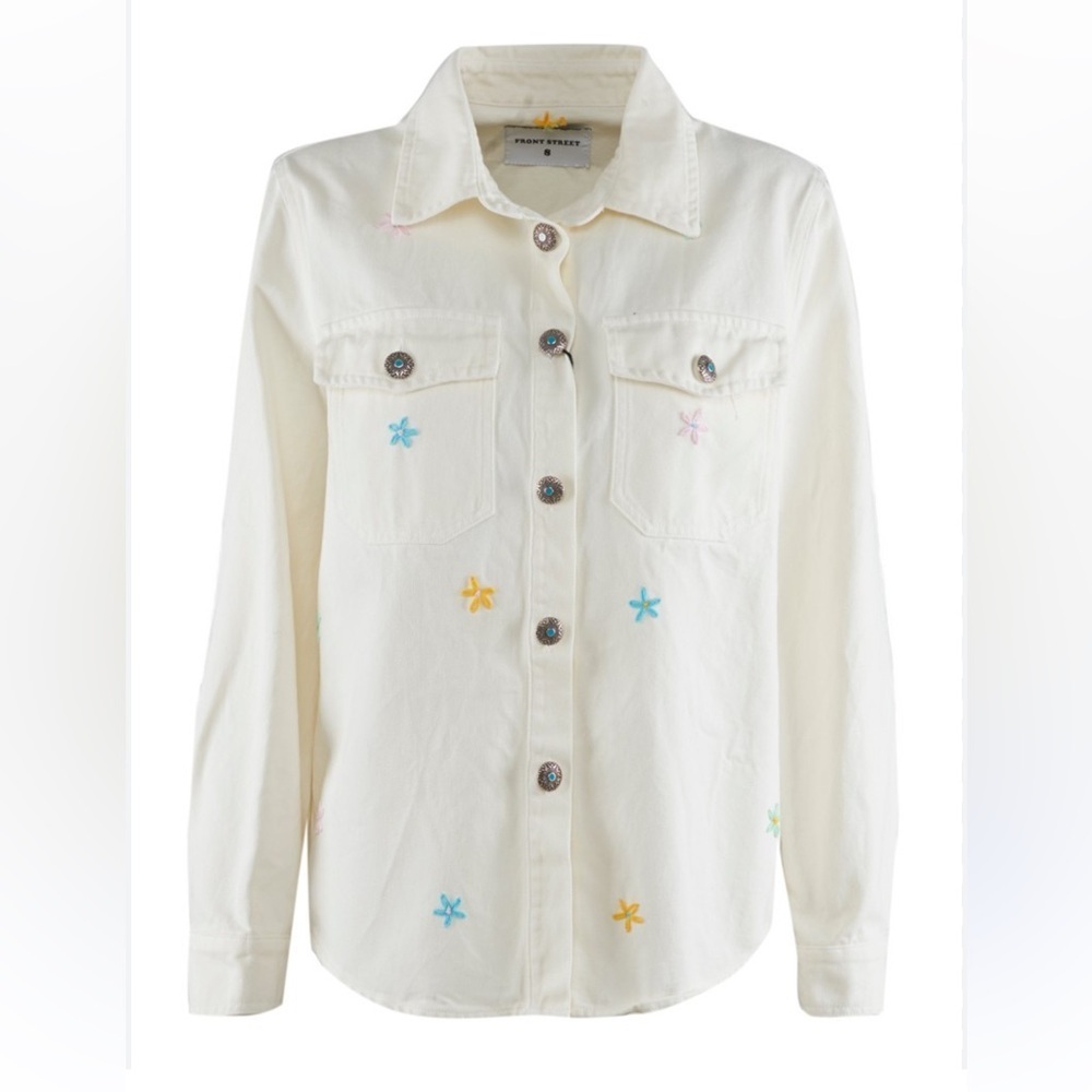 Front Street Cream Jean Jacket with flower Embroidery
